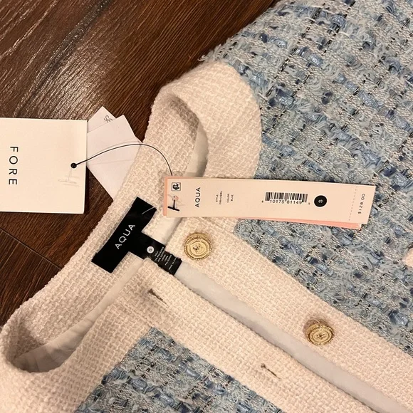 Aqua Light Blue Tweed Cropped Jacket with Cream Trim - Picture 4 of 4